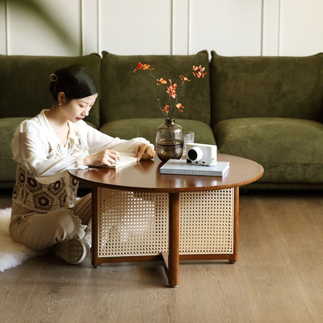 Traditional Japanese Weaving Round  Faux Rattan Rubberwood Coffee Table For Living Room