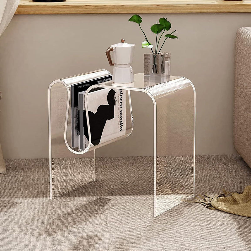 Moderner minimalistischer M-förmiger rechteckiger Acryl-Beistelltisch mit 1 Ablage für das Wohnzimmer 