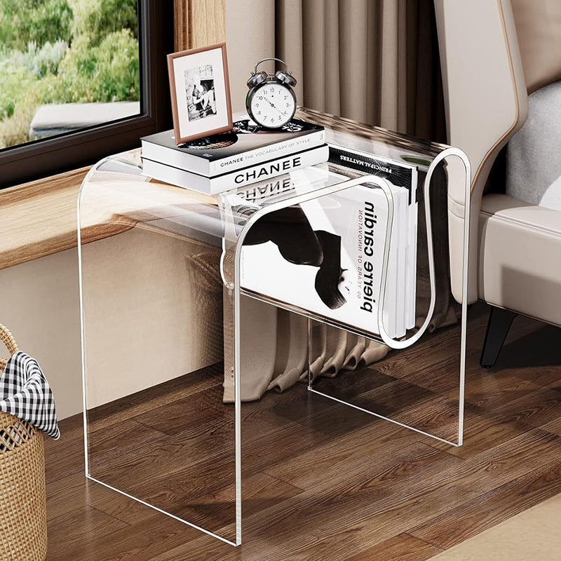 Moderner minimalistischer M-förmiger rechteckiger Acryl-Beistelltisch mit 1 Ablage für das Wohnzimmer 
