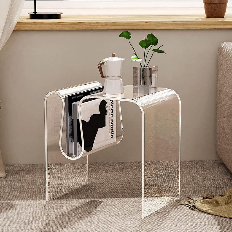 Moderner minimalistischer M-förmiger rechteckiger Acryl-Beistelltisch mit 1 Ablage für das Wohnzimmer 