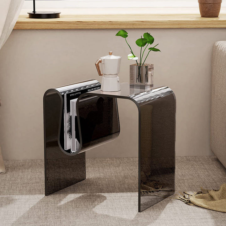 Moderner minimalistischer M-förmiger rechteckiger Acryl-Beistelltisch mit 1 Ablage für das Wohnzimmer 