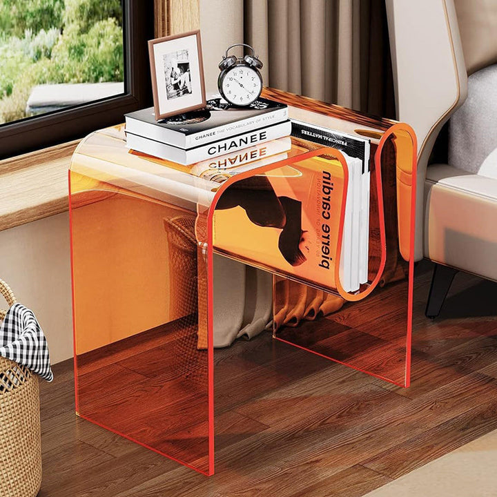 Moderner minimalistischer M-förmiger rechteckiger Acryl-Beistelltisch mit 1 Ablage für das Wohnzimmer 