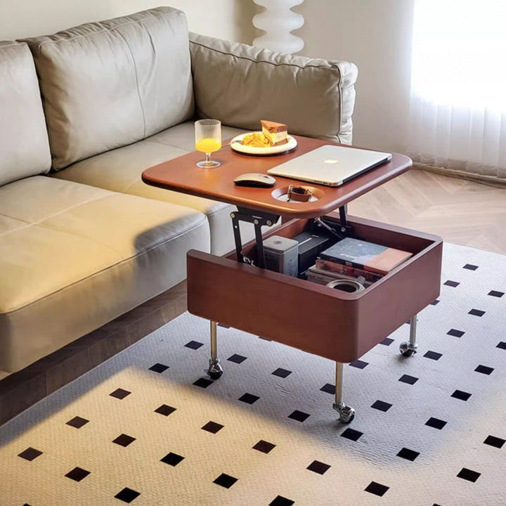 Zeitgenössischer Retro-Quadratischer Kaffeetisch aus Gummibaumholz und Edelstahl mit Hebefunktion und 2 Ablagen für das Wohnzimmer 
