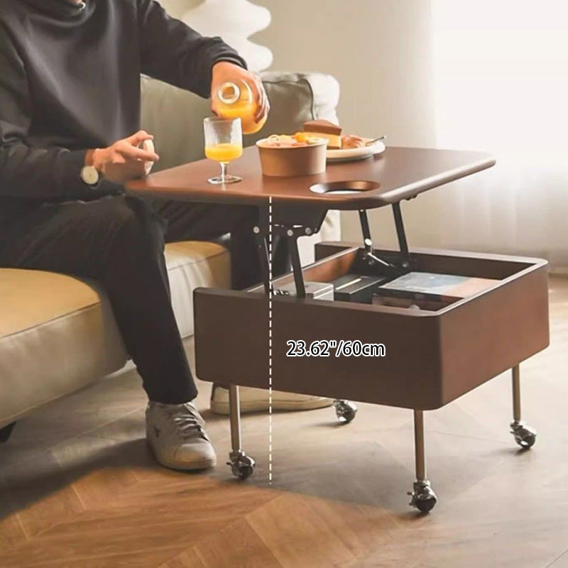 Table basse carrée contemporaine en bois de caoutchouc et acier inoxydable avec rangement à 2 niveaux, relevable pour salon 