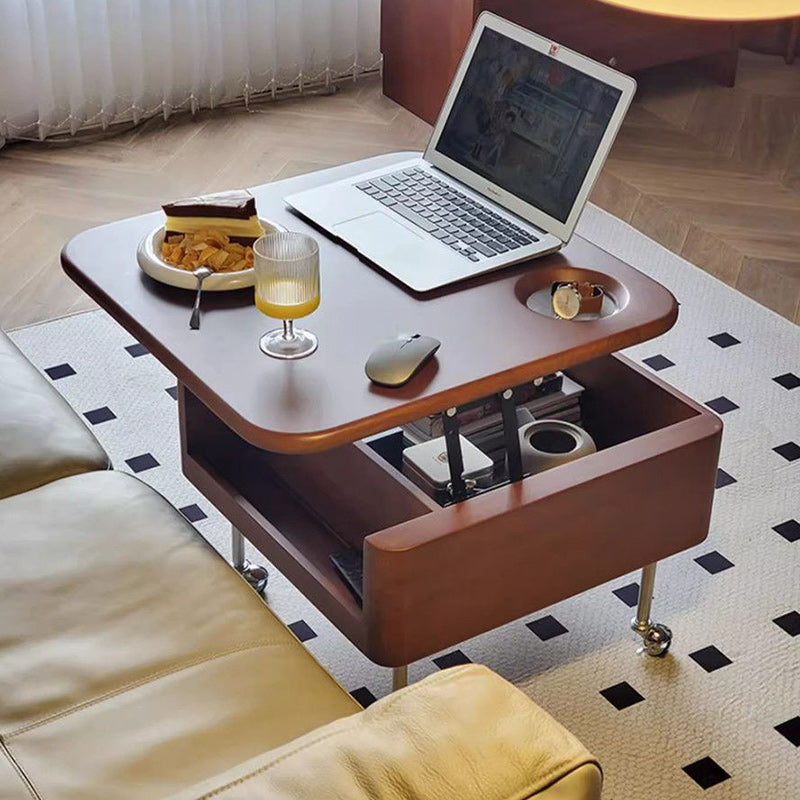 Table basse carrée contemporaine en bois de caoutchouc et acier inoxydable avec rangement à 2 niveaux, relevable pour salon 