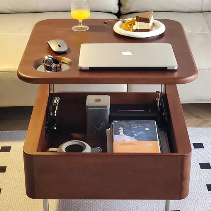 Table basse carrée contemporaine en bois de caoutchouc et acier inoxydable avec rangement à 2 niveaux, relevable pour salon 