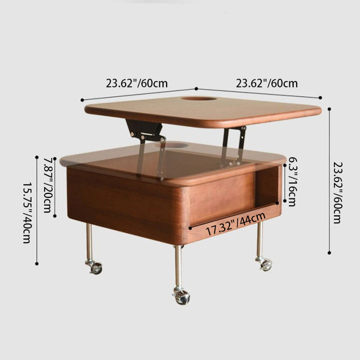 Table basse carrée contemporaine en bois de caoutchouc et acier inoxydable avec rangement à 2 niveaux, relevable pour salon 