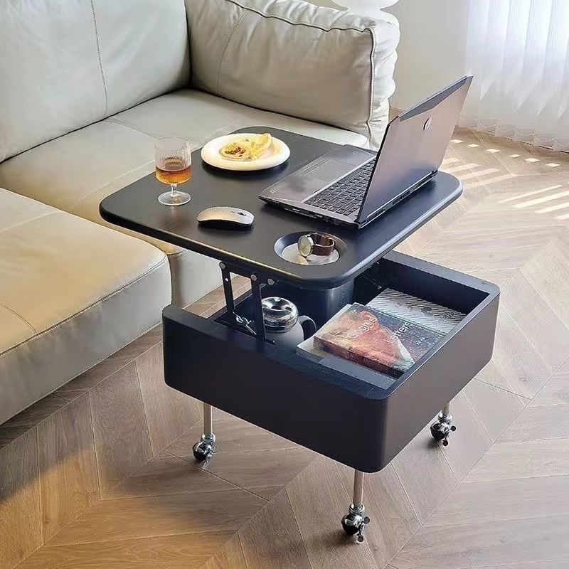 Table basse carrée contemporaine en bois de caoutchouc et acier inoxydable avec rangement à 2 niveaux, relevable pour salon 