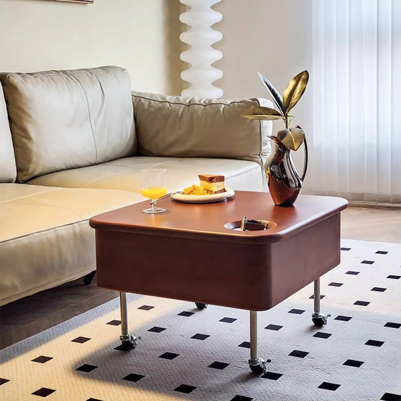 Table basse carrée contemporaine en bois de caoutchouc et acier inoxydable avec rangement à 2 niveaux, relevable pour salon 