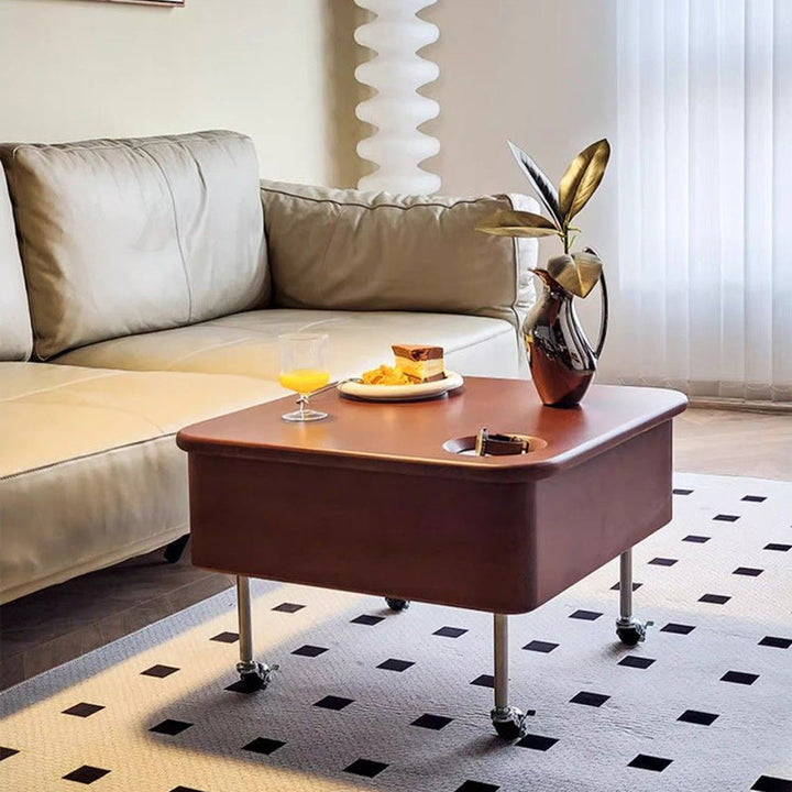 Zeitgenössischer Retro-Quadratischer Kaffeetisch aus Gummibaumholz und Edelstahl mit Hebefunktion und 2 Ablagen für das Wohnzimmer 