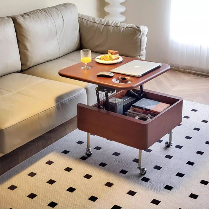Table basse carrée contemporaine en bois de caoutchouc et acier inoxydable avec rangement à 2 niveaux, relevable pour salon 