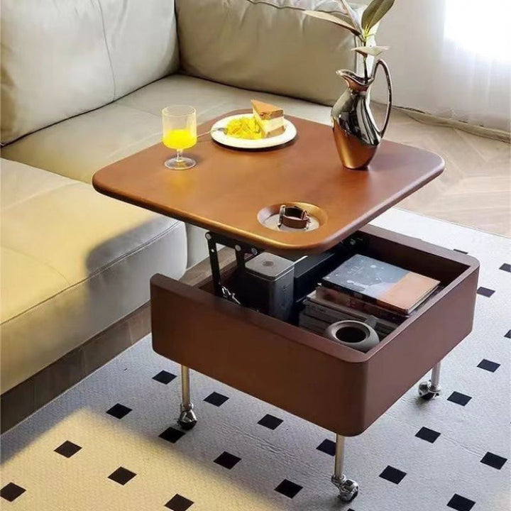 Table basse carrée contemporaine en bois de caoutchouc et acier inoxydable avec rangement à 2 niveaux, relevable pour salon 