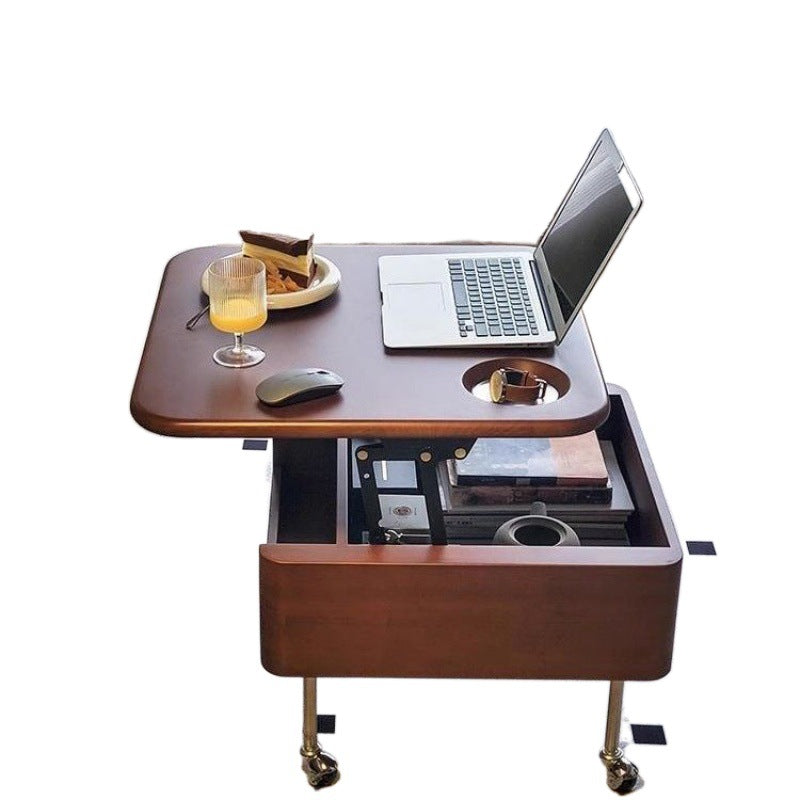 Table basse carrée contemporaine en bois de caoutchouc et acier inoxydable avec rangement à 2 niveaux, relevable pour salon 