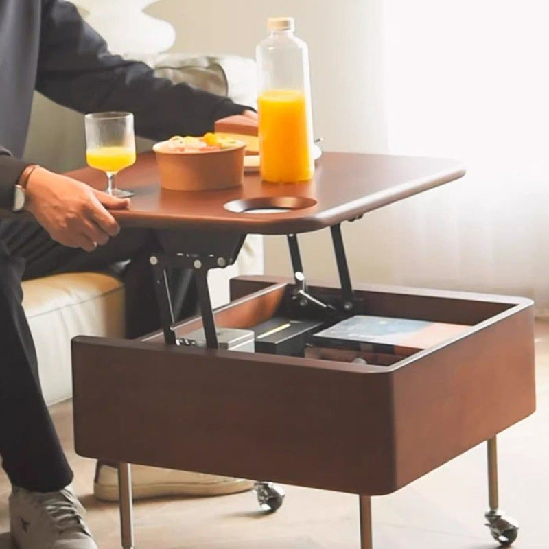 Table basse carrée contemporaine en bois de caoutchouc et acier inoxydable avec rangement à 2 niveaux, relevable pour salon 