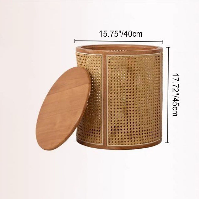 Traditioneller japanischer Beistelltisch aus gewebtem Kunststoff-Rattan und Kautschukholz in runder Zylinderform mit 1 Stauraumfach und Abdeckung für das Wohnzimmer 