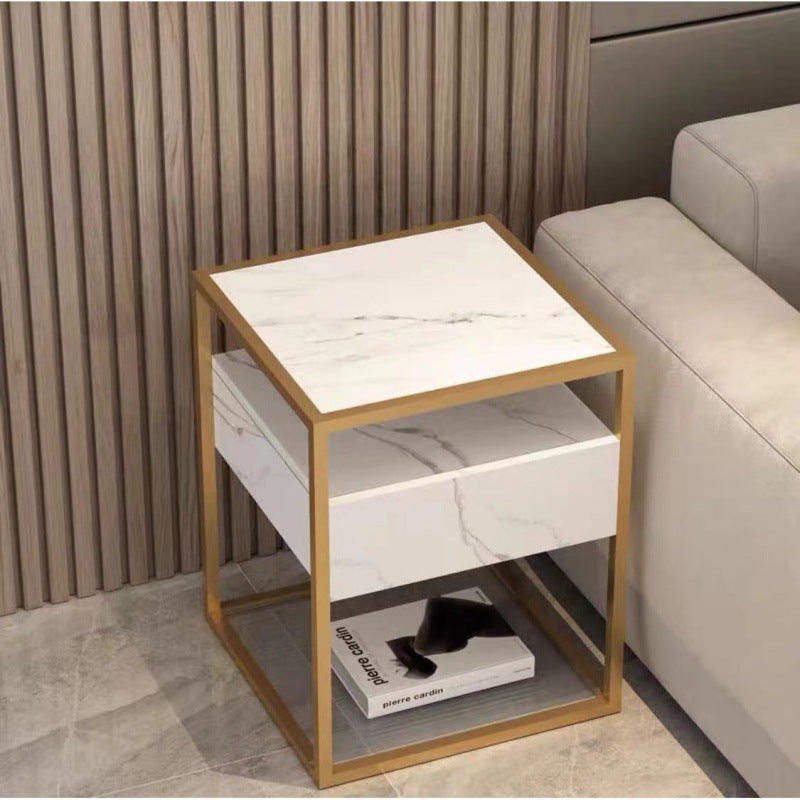 Table de bout en fer à deux niveaux avec plateau en verre renforcé carré minimaliste moderne pour salon 