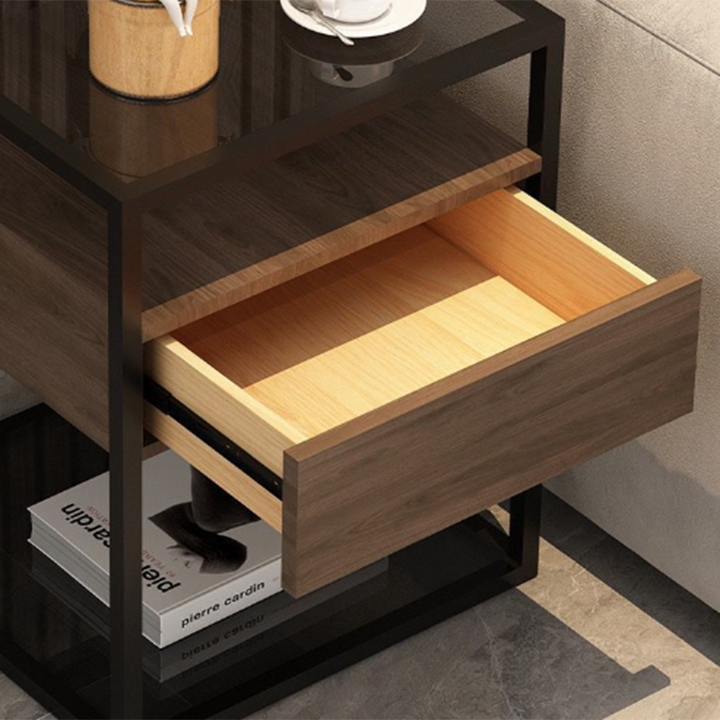 Table de bout en fer à deux niveaux avec plateau en verre renforcé carré minimaliste moderne pour salon 