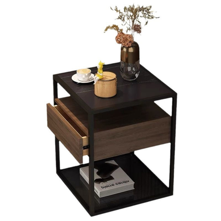 Table de bout en fer à deux niveaux avec plateau en verre renforcé carré minimaliste moderne pour salon 