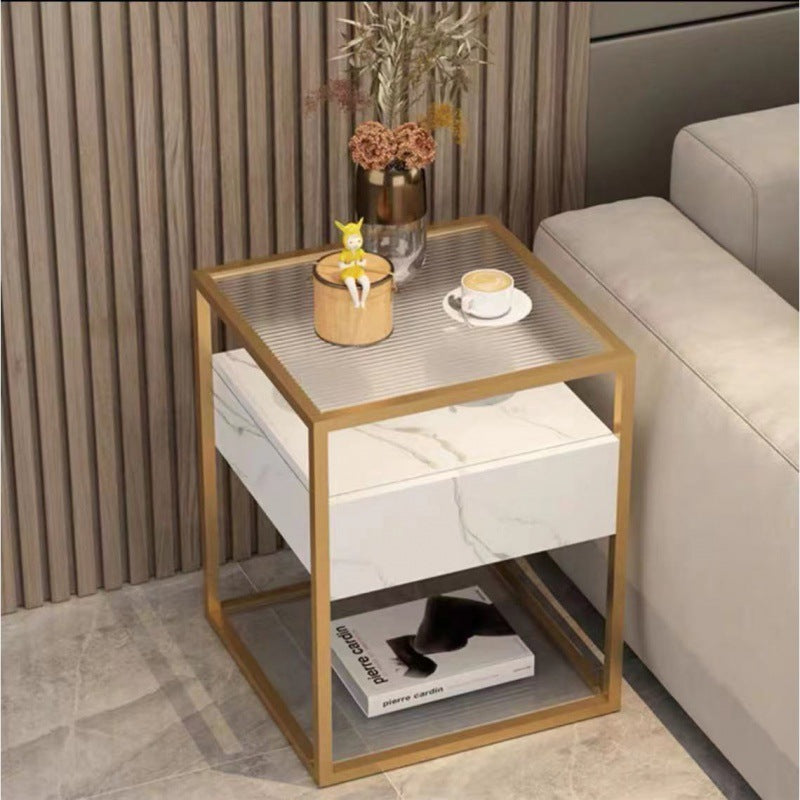 Table de bout en fer à deux niveaux avec plateau en verre renforcé carré minimaliste moderne pour salon 