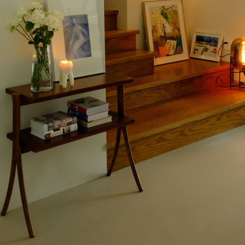 Zeitgenössischer Retro-Rechteckiger Y-förmiger Rahmen aus Massivholz Eisen Beistelltisch 2-stufig für Wohnzimmer 