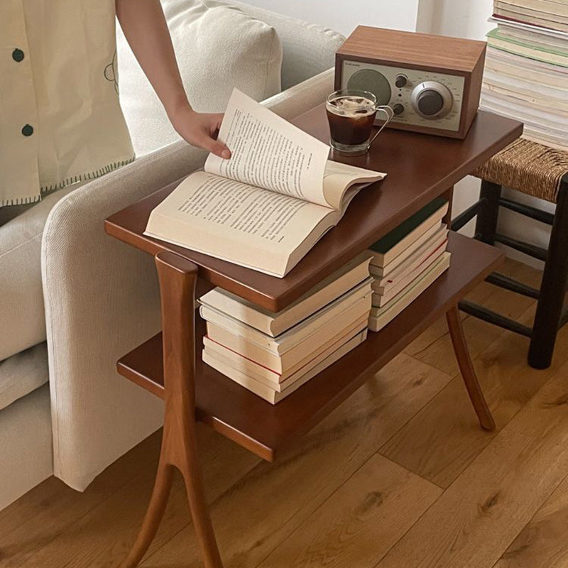 Zeitgenössischer Retro-Rechteckiger Y-förmiger Rahmen aus Massivholz Eisen Beistelltisch 2-stufig für Wohnzimmer 