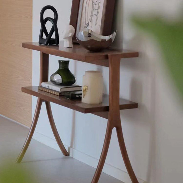 Zeitgenössischer Retro-Rechteckiger Y-förmiger Rahmen aus Massivholz Eisen Beistelltisch 2-stufig für Wohnzimmer 