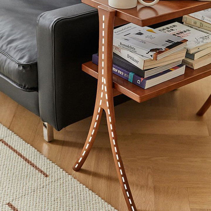 Zeitgenössischer Retro-Rechteckiger Y-förmiger Rahmen aus Massivholz Eisen Beistelltisch 2-stufig für Wohnzimmer 