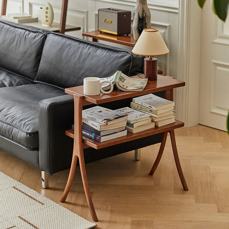 Zeitgenössischer Retro-Rechteckiger Y-förmiger Rahmen aus Massivholz Eisen Beistelltisch 2-stufig für Wohnzimmer 