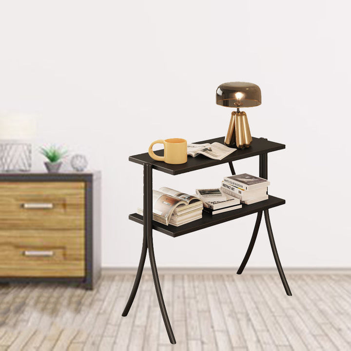 Zeitgenössischer Retro-Rechteckiger Y-förmiger Rahmen aus Massivholz Eisen Beistelltisch 2-stufig für Wohnzimmer 