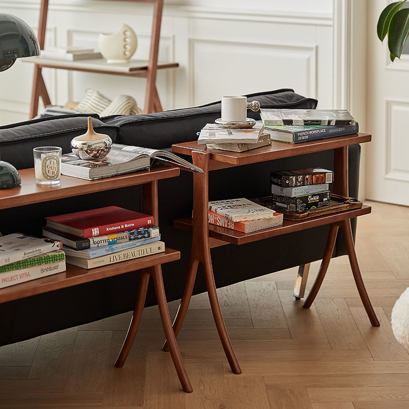 Zeitgenössischer Retro-Rechteckiger Y-förmiger Rahmen aus Massivholz Eisen Beistelltisch 2-stufig für Wohnzimmer 