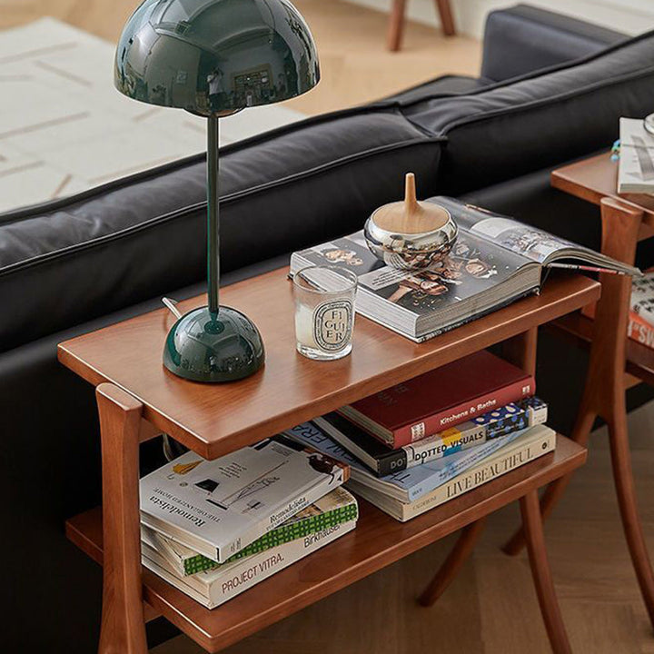 Zeitgenössischer Retro-Rechteckiger Y-förmiger Rahmen aus Massivholz Eisen Beistelltisch 2-stufig für Wohnzimmer 