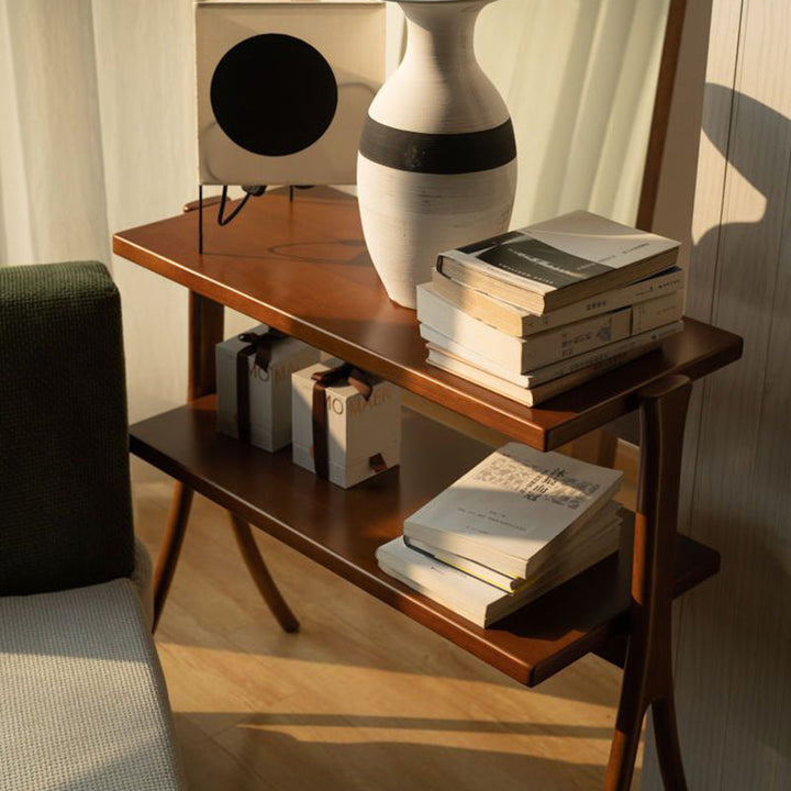 Zeitgenössischer Retro-Rechteckiger Y-förmiger Rahmen aus Massivholz Eisen Beistelltisch 2-stufig für Wohnzimmer 