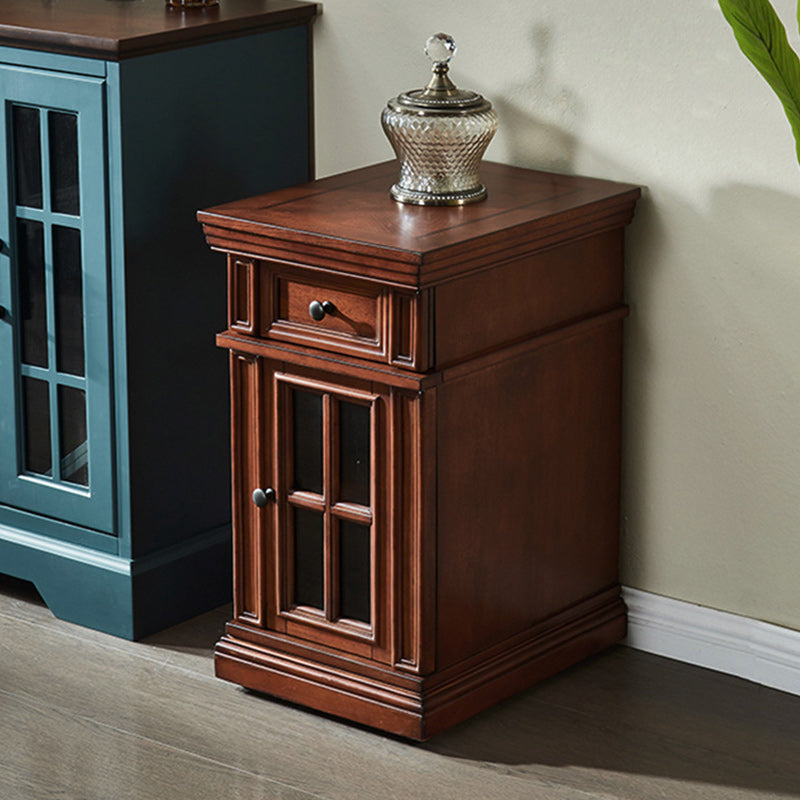 Contemporary Retro Rectangular Rubber Wood Fiberboard Metal Side Table 1-Drawer Cabinet For Bedroom