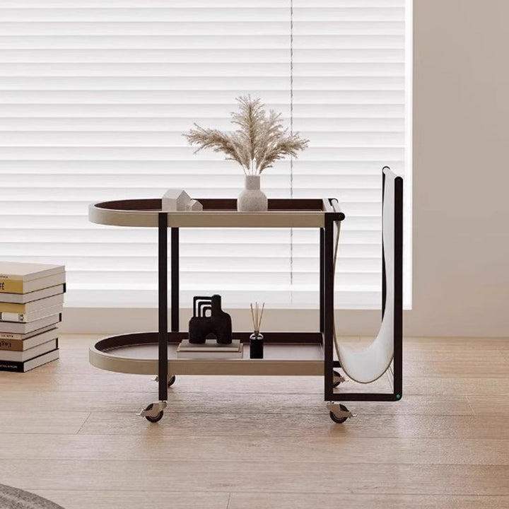 Modern Minimalist Elliptical Carbon Steel Saddle-Style Faux Leather Stainless Steel Shelves Side Table 2-Tier Movable For Living Room