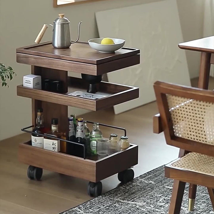 Mesa Auxiliar Moderna Minimalista Rectangular de Nogal Acero ABS de 3 Niveles Móvil para Sala de Estar 