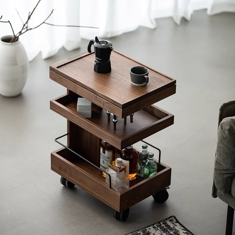 Mesa Auxiliar Moderna Minimalista Rectangular de Nogal Acero ABS de 3 Niveles Móvil para Sala de Estar 