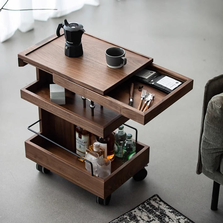 Mesa Auxiliar Moderna Minimalista Rectangular de Nogal Acero ABS de 3 Niveles Móvil para Sala de Estar 