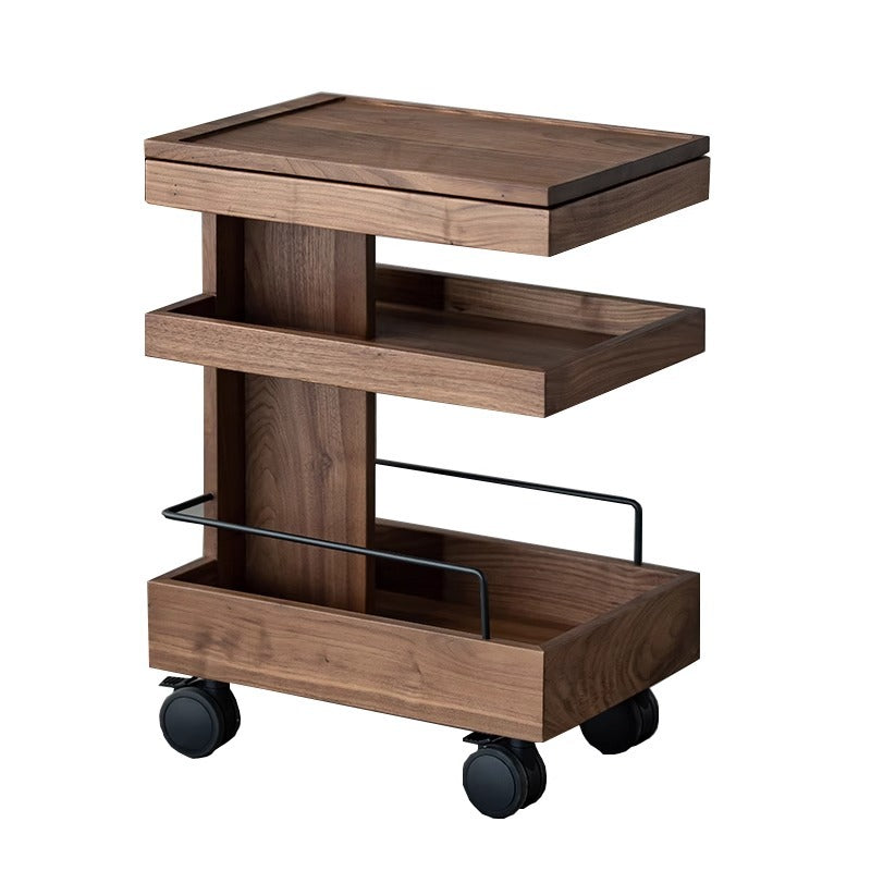 Mesa Auxiliar Moderna Minimalista Rectangular de Nogal Acero ABS de 3 Niveles Móvil para Sala de Estar 