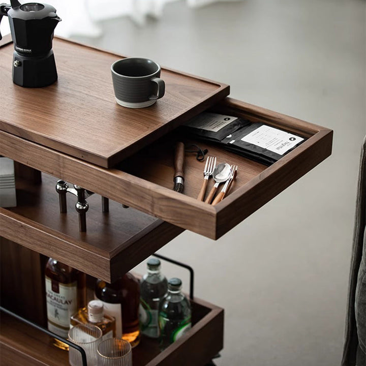 Mesa Auxiliar Moderna Minimalista Rectangular de Nogal Acero ABS de 3 Niveles Móvil para Sala de Estar 