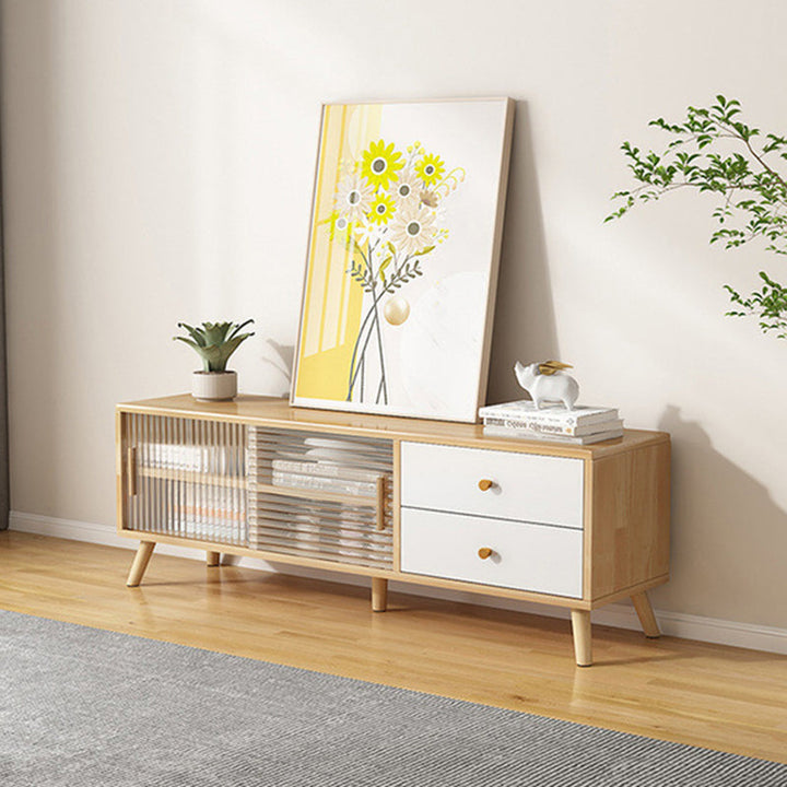Moderner minimalistischer rechteckiger TV-Ständer aus Gummibaumholz, umweltfreundlichem Holzwerkstoff, Sperrholz und Glas mit 2 Schubladen für das Wohnzimmer 