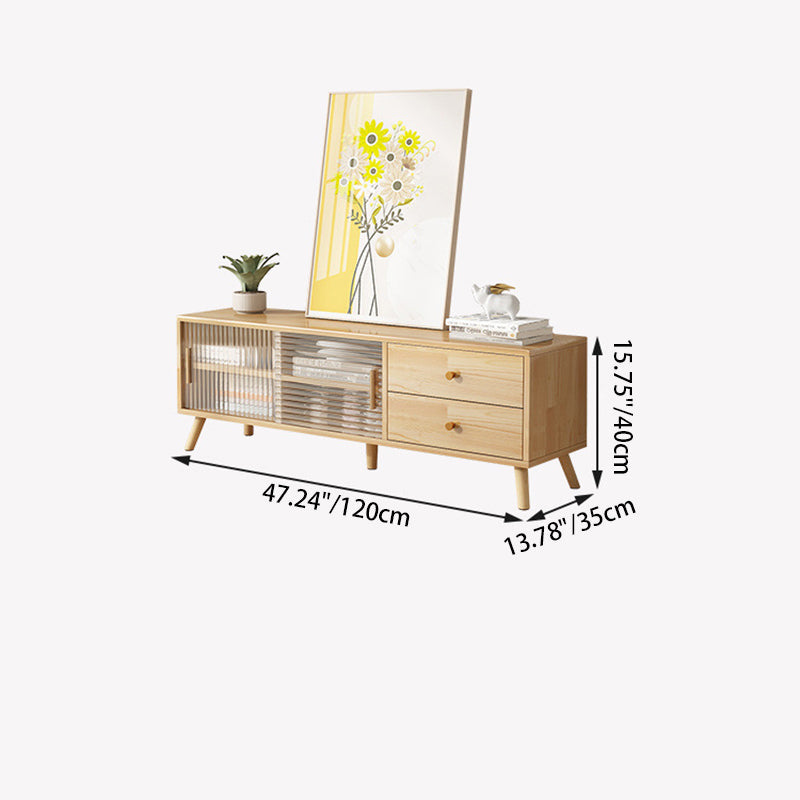 Meuble TV rectangulaire minimaliste moderne en bois massif et verre avec 2 tiroirs pour salon 