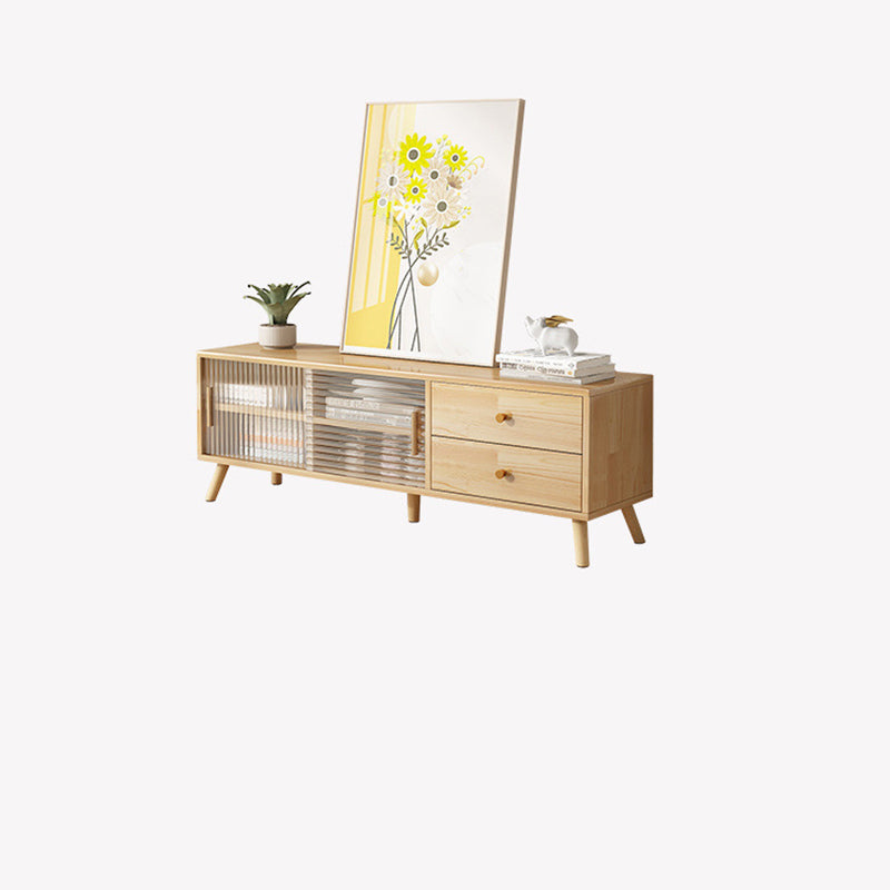 Moderner minimalistischer rechteckiger TV-Ständer aus Gummibaumholz, umweltfreundlichem Holzwerkstoff, Sperrholz und Glas mit 2 Schubladen für das Wohnzimmer 