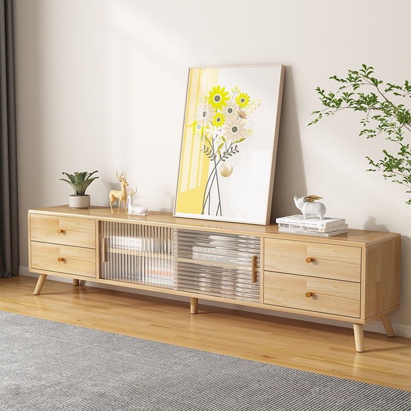 Meuble TV rectangulaire minimaliste moderne en bois massif et verre avec 2 tiroirs pour salon 