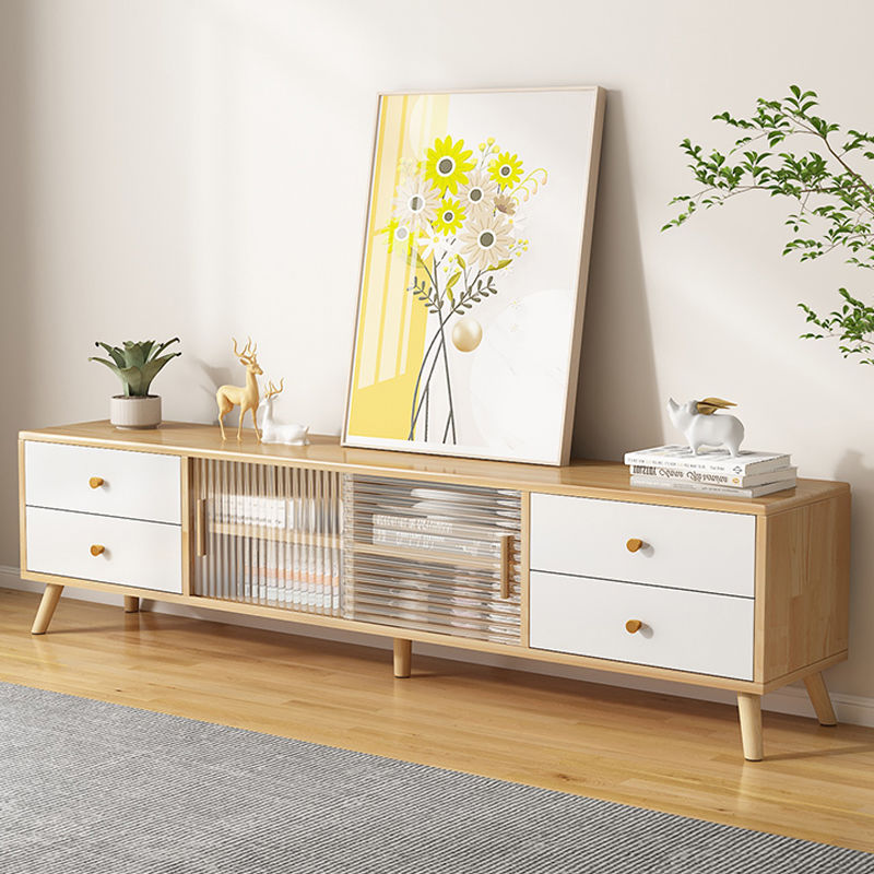 Meuble TV rectangulaire minimaliste moderne en bois massif et verre avec 2 tiroirs pour salon 