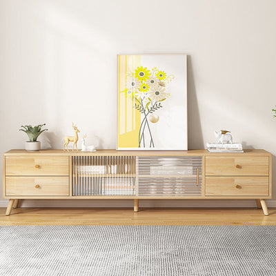 Meuble TV rectangulaire minimaliste moderne en bois massif et verre avec 2 tiroirs pour salon 