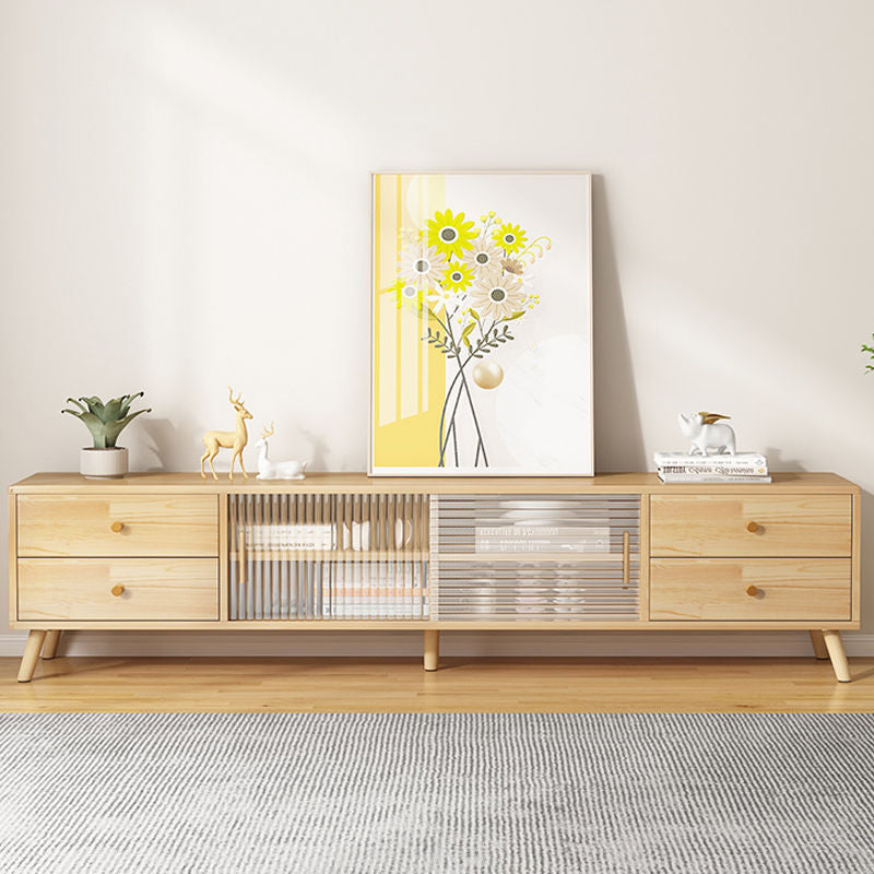 Meuble TV rectangulaire minimaliste moderne en bois massif et verre avec 2 tiroirs pour salon 