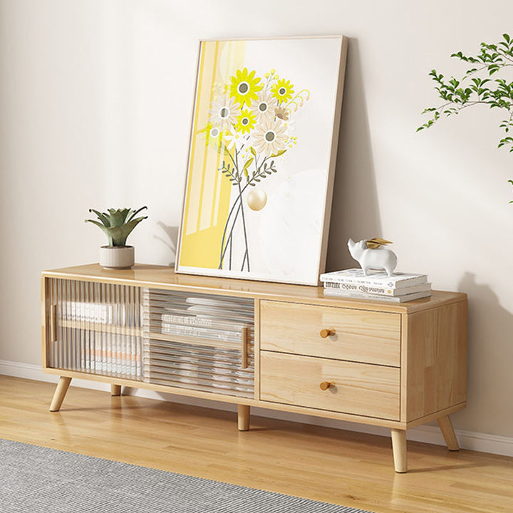 Moderner minimalistischer rechteckiger TV-Ständer aus Gummibaumholz, umweltfreundlichem Holzwerkstoff, Sperrholz und Glas mit 2 Schubladen für das Wohnzimmer 
