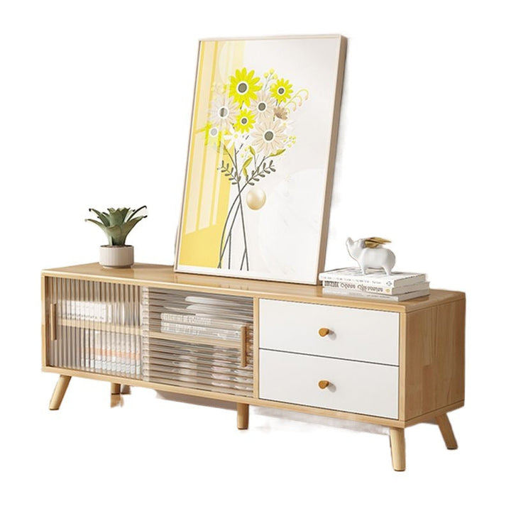 Moderner minimalistischer rechteckiger TV-Ständer aus Gummibaumholz, umweltfreundlichem Holzwerkstoff, Sperrholz und Glas mit 2 Schubladen für das Wohnzimmer 