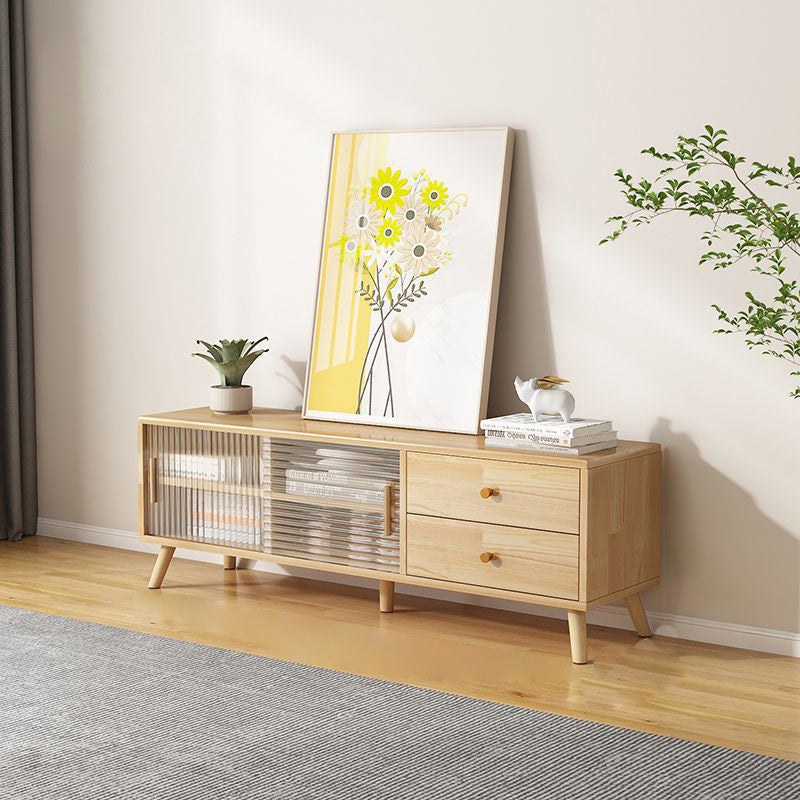 Meuble TV rectangulaire minimaliste moderne en bois massif et verre avec 2 tiroirs pour salon 