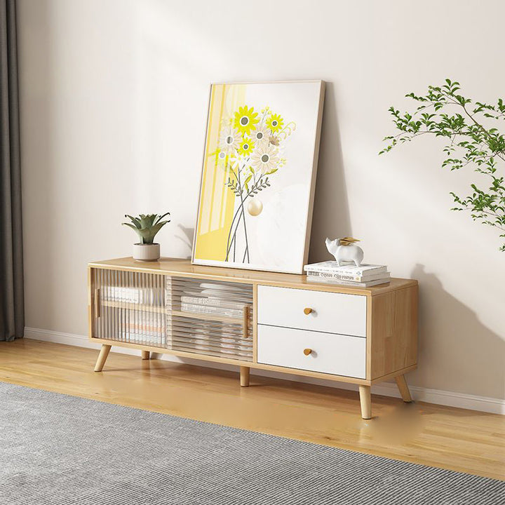 Moderner minimalistischer rechteckiger TV-Ständer aus Gummibaumholz, umweltfreundlichem Holzwerkstoff, Sperrholz und Glas mit 2 Schubladen für das Wohnzimmer 